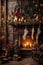 a cozy fireplace with stockings and new years decorations