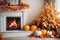 A cozy fireplace surrounded by autumn-themed decorations, offering warmth and comfort on chilly autumn evenings