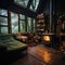 Cozy fireside in a cabin with misty atmosphere and nature-inspired imagery