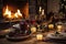 Cozy Fireside Feast: Warmth and Wine. Generative AI