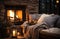 cozy fireside of a living room with a wool blanket and candles for a warm and cozy winter setting