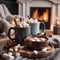 A cozy fireside scene with hot chocolate mugs, marshmallows, and cozy blankets1