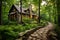 Cozy forest cabin with warm fireplace, rustic exterior, nestled among tall trees, winding path
