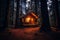 Cozy forest cabin with warm fireplace, rustic wooden exterior, nestled among tall trees