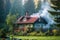 cozy forest cottage with smoke curling from its chimney