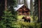 cozy forest lodge with a bear ambling in the distance