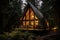 A cozy, A-frame cabin in the woods, with warm lights glowing through the windows amidst foggy surroundings