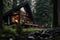 A cozy, A-frame cabin in the woods, with warm lights glowing through the windows amidst foggy surroundings