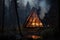 A cozy, A-frame cabin in the woods, with warm lights glowing through the windows amidst foggy surroundings