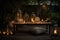 cozy garden setting with lanterns and string lights creating a warm and inviting atmosphere