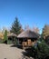 Cozy gazebos with a straw roof.