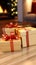 Cozy Gift Arrangement: Gift Boxes on Wooden Floor in Front of Fireplace - Closeup