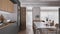 Cozy gray and wooden kitchen in modern apartment, Island with stools, parquet. Oven, stove, sink and accessories, hob with pots,