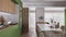 Cozy green and wooden kitchen in modern apartment, Island with stools, parquet. Oven, stove, sink and accessories, hob with pots,