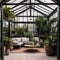 A cozy greenhouse-inspired sitting area with hanging plants and rattan furniture2