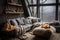 Cozy grey corner sofa with many pillows and fur blankets. AI generate