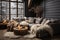 Cozy grey corner sofa with many pillows and fur blankets. AI generate