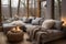 Cozy grey corner sofa with many pillows and fur blankets. AI generate