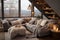 Cozy grey corner sofa with many pillows and fur blankets. AI generate