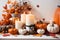 Cozy Halloween with traditional symbols but in warm orange and white colors, candles, pumpkins