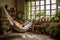 A cozy hammock hangs in a room filled with lush potted plants, creating a serene and relaxing indoor oasis, A sunny room filled