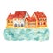 Cozy hand drawn watercolor houses on the sea. Beautiful brick mediterranean buildings on the shore. Illustration of