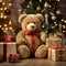 Cozy Holiday Haven: Teddy Bear Amidst Gifts Beneath Glittering Tree