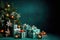 A cozy holiday scene featuring a Christmas tree and a multitude of gifts on a lush green background, creating a sense of