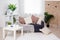 Cozy home background - living room interior with sofa, table, folding screen and plant pots