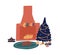 Cozy home with decorated christmas tree and fireplace. Scene of comfort, holiday cosiness in xmas interior. Sleeping dog