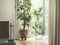 Cozy home interior design with house plants at window. Living room