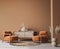 Cozy home interior with wooden furniture on brown background, empty wall mockup in boho decoration