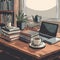 Cozy Home Office Essentials: Books, Laptop, and Coffee on Wooden Table