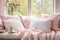 Cozy home place, pink and white pillows and blanket on sofa near window. French country, farmhouse interior design