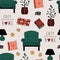 Cozy home seamless pattern. Hand drawn print with armchair, pillows, cookies, lamp