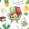 Cozy home seamless pattern with a home plants, green chair with cute kitten, book,tasty cake,cushion,lamp