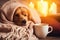 Cozy Home Sipping Hot Tea With A Furry Friend