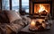 Cozy home with sofa and fireplace, panoramic windows and coffee, autumn vibe concept