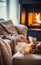 Cozy home with sofa and fireplace, panoramic windows and coffee, autumn vibe concept