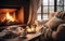 Cozy home with sofa and fireplace, panoramic windows and coffee, winter vibe concept