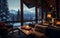 Cozy home with sofa and fireplace, panoramic windows and coffee, winter vibe concept