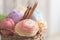 Cozy homely atmosphere. Female hobby knitting. Yarn pastel multicolor in a basket.