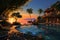 Cozy hotel, villa on the seashore with palm trees at sunset. Generative AI