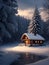 Cozy house in a beautiful winter forest. Rest in a house in the forest. Generative AI