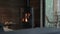 Cozy house chimney fire place in black color with fire burning in, tiny house, cabin house interior, wooden wall