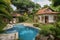 cozy house exterior with swimming pool and lush garden, offering a relaxed and serene atmosphere