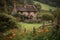 cozy house on a green hilly area among greenery and flowers, a quiet, calm, relaxing place generative ai