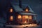 cozy house, with warm light and flickering fire in the fireplace, during cold and dark winter night