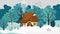 Cozy house in winter landscape, cute cottage in park, vector illustration