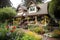 cozy house with wrap-around porch and whimsical garden